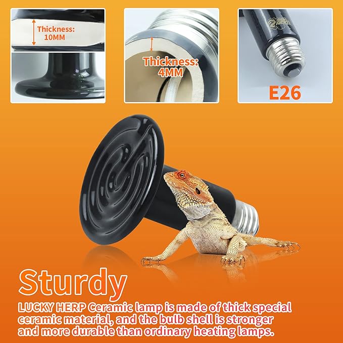LUCKY HERP 75W Ceramic Heat Emitter, Reptile Heat Bulbs, Ceramic Heat Lamp for Reptiles, Amphibian, Chicken, Dog, Cat (2-Pack)