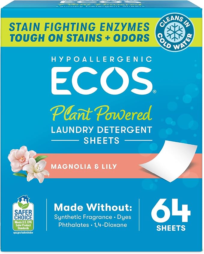 ECOS Laundry Detergent Sheets Vegan, No Plastic Jug, No Mess, Liquid Free - Hypoallergenic, Plant Powered Laundry Detergent Sheet - Magnolia & Lily - 64 Count (Pack of 1)