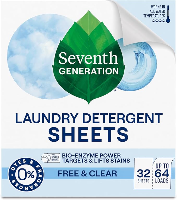 Seventh Generation Laundry Detergent Sheets 32ct Free & Clear Removes Tough Stains Safer for your family