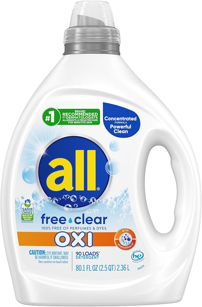all Liquid Laundry Detergent, Free Clear for Sensitive Skin with OXI, Unscented and Hypoallergenic, 2X Concentrated, 90 Loads