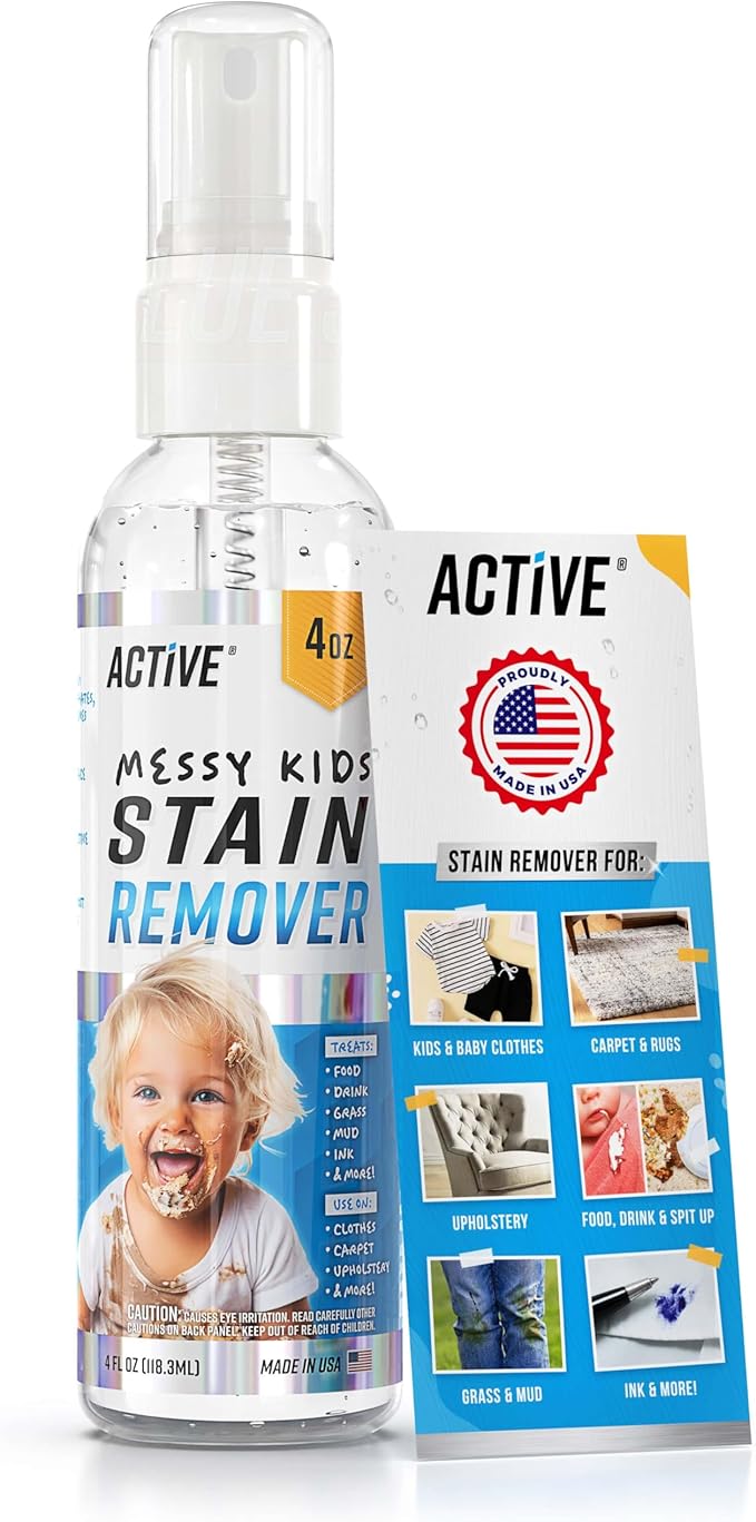 Messy Kids Stain Remover Spray - ACTIVE Laundry Spot Cleaner, Natural Stain Treater Spray for Baby Clothes Fabric, Toddler Clothing, Rescue Mess Removal for Food, Oil Stains, Great for Travel - 4 oz
