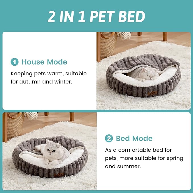 Cat Bed with Hooded Blanket, Round Fluffy Anti-Anxiety Pet Bed for Cats/Small Dogs, Cozy Donut Cuddler with Machine Washable Faux Fur & Anti-Slip Bottom(23"×23"×6",Grey)