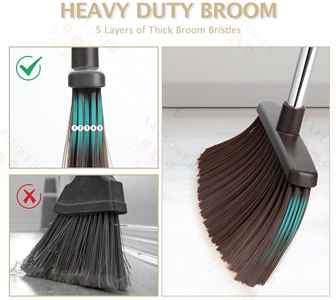Broom and Dustpan Set with Long Handle, Heavy Dust Broom and Dustpan Combo for Home，Kitchen, Office, Pet Hair(Beige)