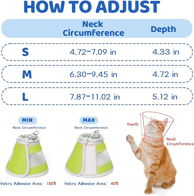 Breathable Air Mesh Cat Cone Collar Soft to Stop Licking, Adjustable, Foldable Lightweight Kitten Cones After Surgery Recovery for Cats & Kittens (Yellow Green, S)