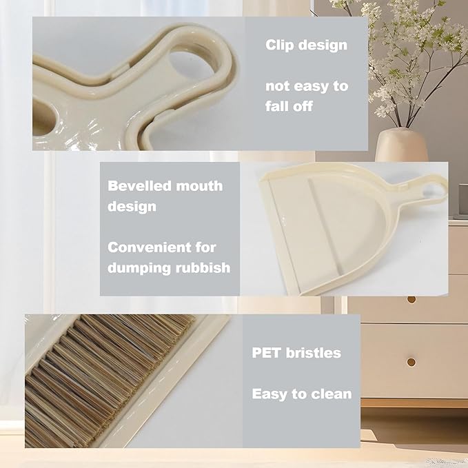 Mini Broom and Dustpan Set Hand Broom with Dustpan Portable Housekeeping Cleaning Tools for Desk,Counter,Sofa,Kitchen,Office,Nest (Off White)