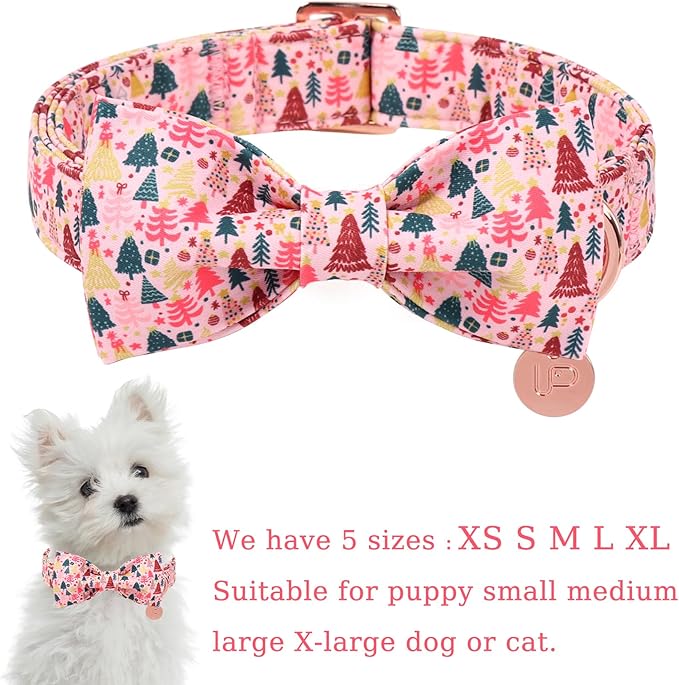 Christmas Dog Collar with Bow Tie, Pink Christmas Tree Collars for Dogs, Adjustable Pet Collar with Cute Xmas Tree Pendant, Winter Dog Accessories for Small Medium Large Dogs M