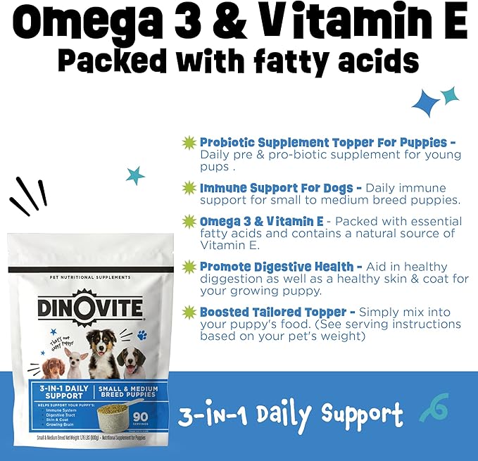 Dinovite 3 in 1 Probiotic for Puppies, Skin & Coat, Digestive Health & Joint Relief, Dog Food Toppers, Salmon Oil, Glucosamine, Allergy Relief & Itch Relief Skin Care, 90 Servings (Puppy)