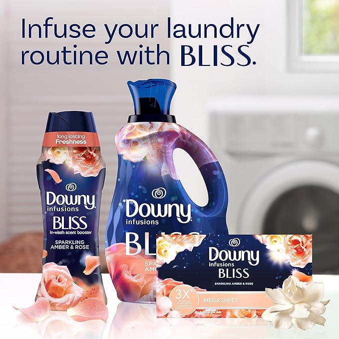 Downy Infusions Mega Dryer Sheets, Laundry Fabric Softener, BLISS, Amber and Rose, 130 Count