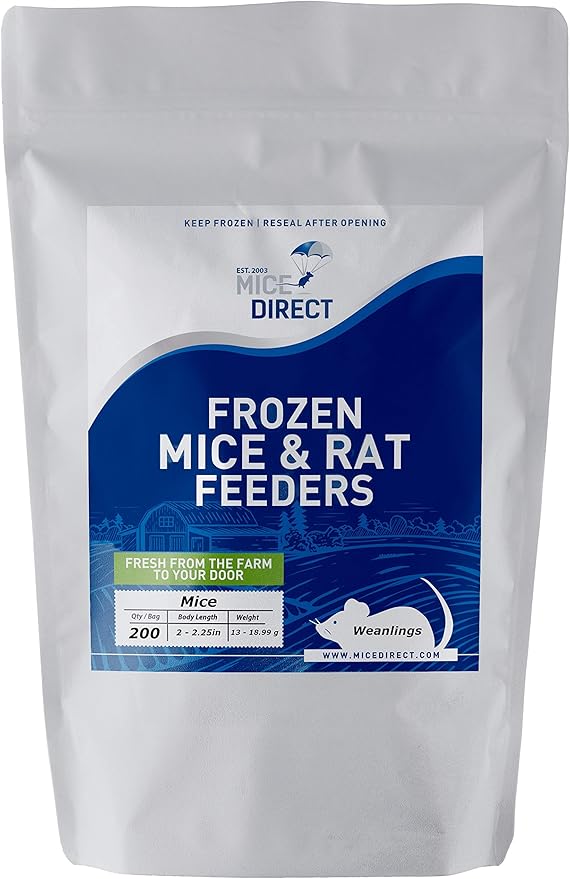 MiceDirect 200 Frozen Mice Weanling Feeders Snake Food for Juvenile Red Tail Boas Ball Python Adult Milk Snakes Corn Sand Boa (2-2.5 in) (Pack of 200) (2600 Grams Min)