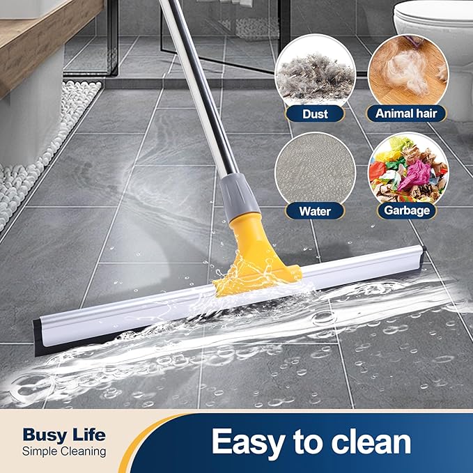 Yocada Rubber Floor Squeegee 17.7" TPR Blade Scrubber Broom 61.8inch Pole Household Broom for Garage Courtyard Shower Bathroom Floor Marble Glass Tile Water Foam Pet Hair Removal Cleaning