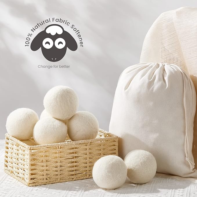 Roowest 24 Pcs Wool Dryer Balls Set Reusable Laundry Wool Balls with Muslin Bags Fabric Softener Anti Wrinkle Anti Static Saving Energy and Time