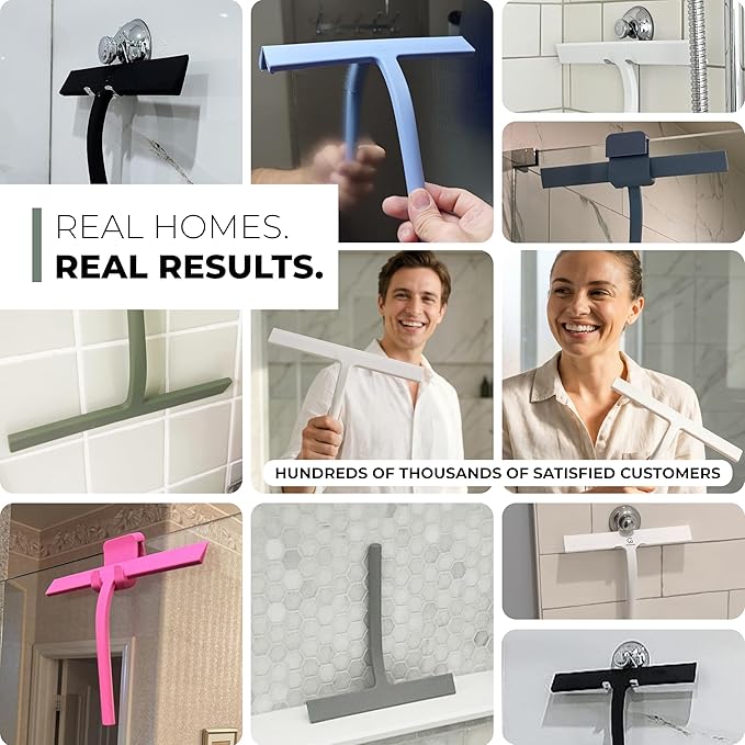 GÜTEWERK Silicone Shower Squeegee for Glass Doors & Mirrors with Stainless Steel Core, Streak-Free & No-Squeak Window Cleaning, 3-in-1 No-Drill Mount (Hook/Suction/Adhesive),Black, 13 Inches