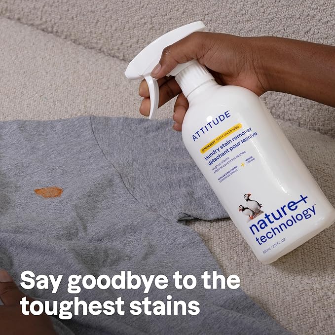 ATTITUDE Stain Remover Spray for Laundry, Removes Odors & Stains, Plant-Based & Vegan, Citrus Zest Scent, 27.1 Fl Oz