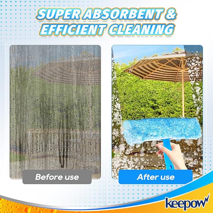 KEEPOW 10" Professional Microfiber Window Scrubber Refill Replacement Compatible with MR.SIGA, Compatible with Ettore Window Cleaning Tools, Reusable & Washable Window Squeegee for Home (2 Pack)