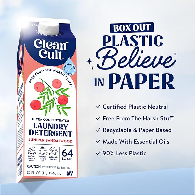 Ultra Concentrated Liquid Laundry Detergent Soap, 192 loads (96 oz), Long Lasting Scent, 90% Less Plastic, No Harsh Chemicals, Juniper Sandalwood, Defeats Stains & Odors, HE/Standard Compatible
