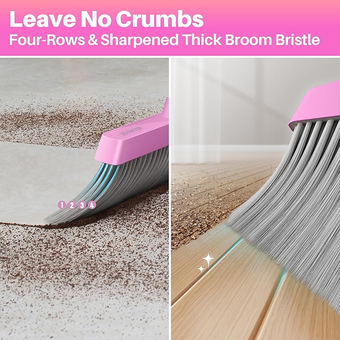 JOYMOOP Pink Broom and Dustpan Set with 56” Handle, Upright Angle with Built-in Comb Teeth for Hardwood Floors and Pet Hair