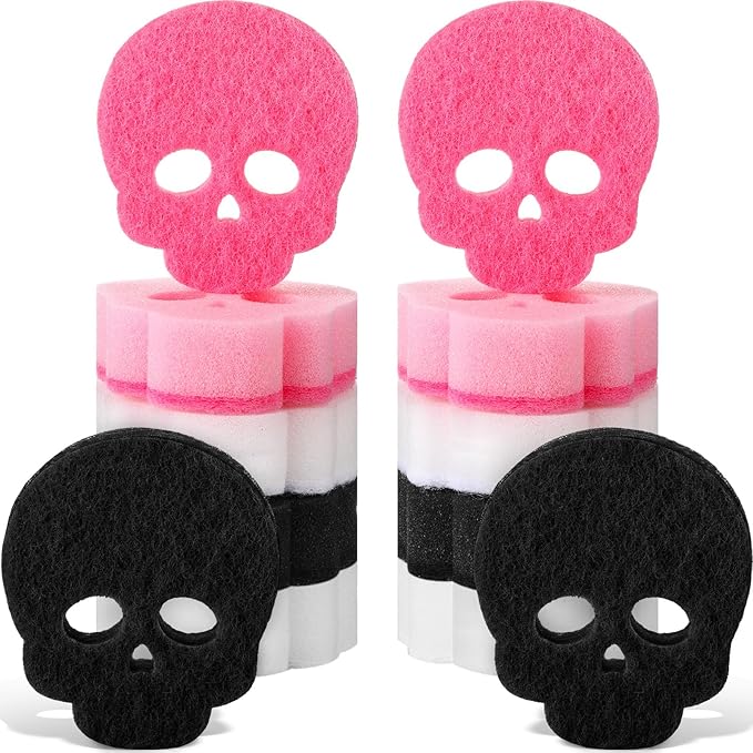 Tioncy 12 Pack Skull Kitchen Sponges Bulk Dual Sided Scrubber Pink Sponges Dishwashing Skull Kitchen Accessories Dish Scouring Black, White