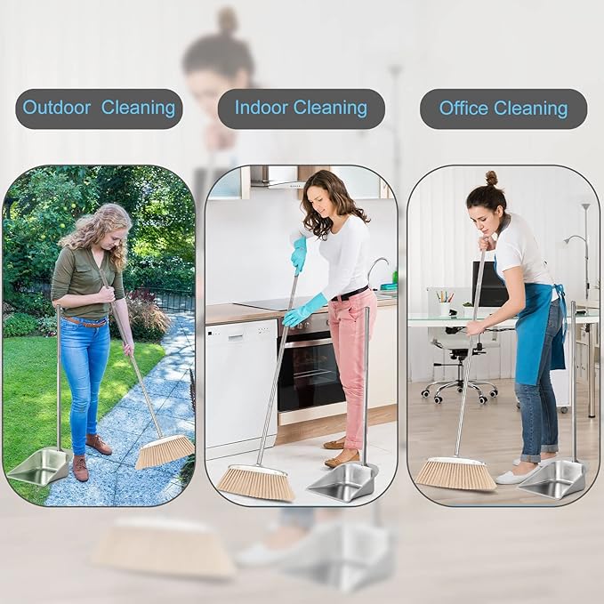 VOOWO Broom and Dustpan Set for Home, Stainless Steel Broom and Dustpan Set with Long Handle, Heavy Duty Dustpan Broom Set Standing Dust Pan Kitchen and Home Indoor Outdoor Broom