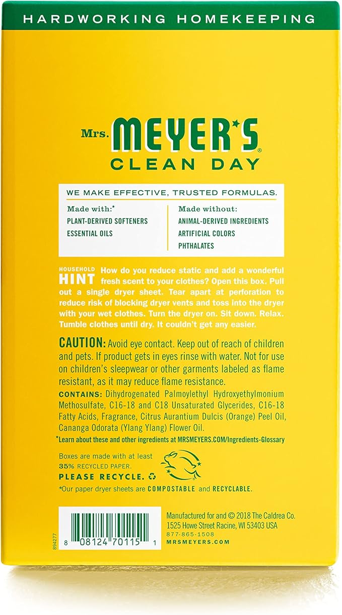 MRS. MEYER'S CLEAN DAY Dryer Sheets, Fabric Softener, Reduces Static, Infused with Essential Oils, Honeysuckle, 80 Count