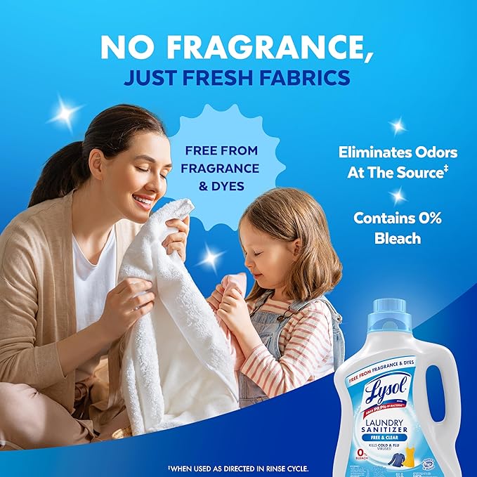 Lysol Laundry Sanitizer Additive, Free & Clear, Free from Fragrance and Dyes, 0% Bleach Laundry Sanitizer, Bacteria-causing Laundry Odor Eliminator, Unscented, 90 Fl Oz (Pack of 1) - Package May Vary
