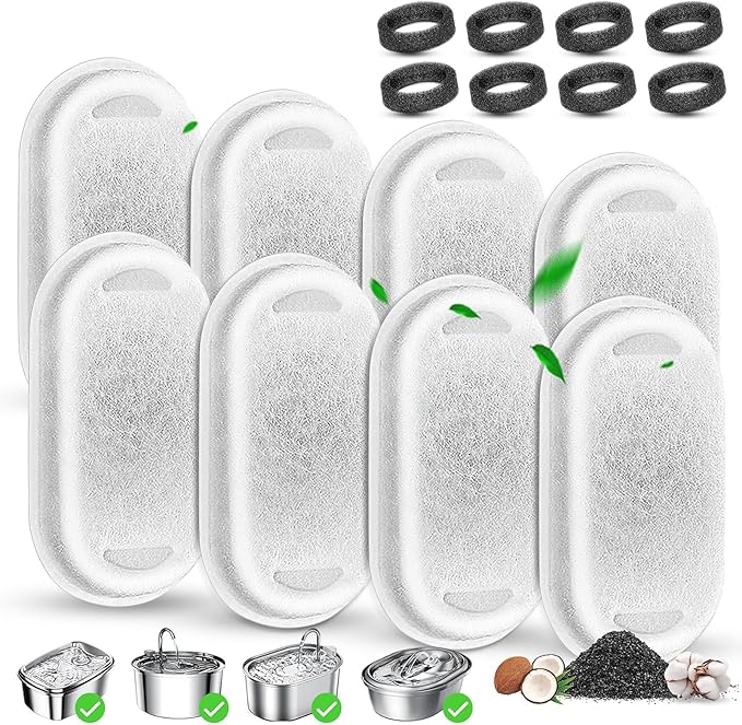 Cat Water Fountain Filter Replacement, 8 Pcs Pet Water Fountain Filters with 8 Pcs Sponges Foam for 67oz/2L & 108oz/3.2L Stainless Steel Automatic Cat Water Fountain Dispenser Filters