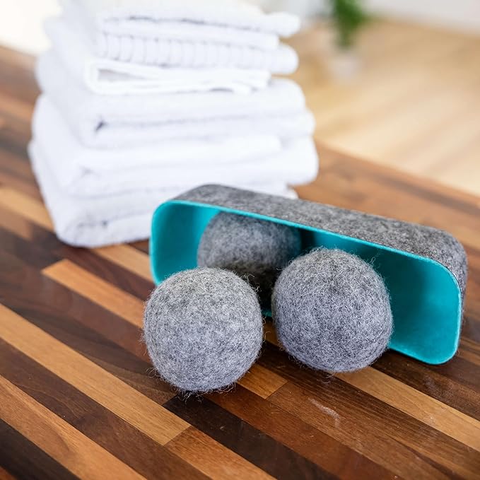 Three by Three Seattle Felt·Like·it!™ XL Wool Dryer Balls + Storage Bin: Reduce Drying Time, Static Cling, and Energy Use | Natural Alternative to Fabric Softeners | (Pack of 3 Grey Dryer Balls)