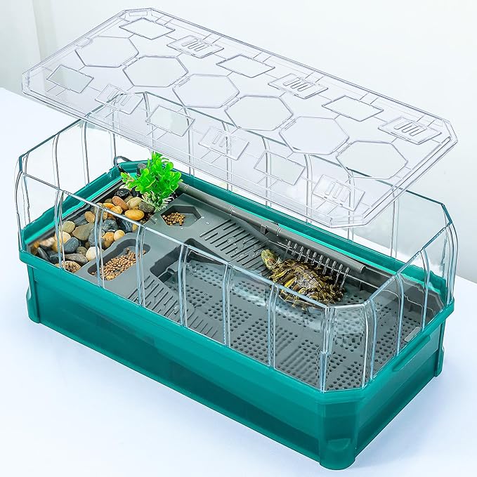Turtle Habitat Spacious Turtle Tank Kit with Rain Shower Filter SPA & Easy Drain - Perfect for Baby Turtles, Red Eared Sliders Tortoises Green, 18.2×9.2×8 Inch