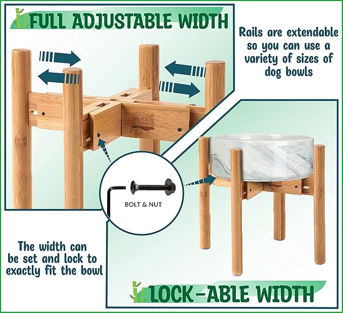 Dog Bowl Stand for Large Breed - 14-inch High, Adjustable Sideways to Fit Various Sizes of Pet Food/Water Bowls, Slow Feeders, and Drink Fountains - Bamboo