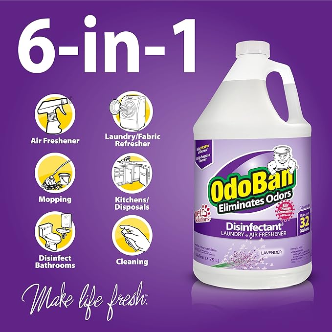 OdoBan Ready-to-Use Disinfectant and Odor Eliminator, Made in the USA, Lavender Scent, Set of 3, 2 Spray Bottles, 32 Ounces Each and 1 Gallon Concentrate
