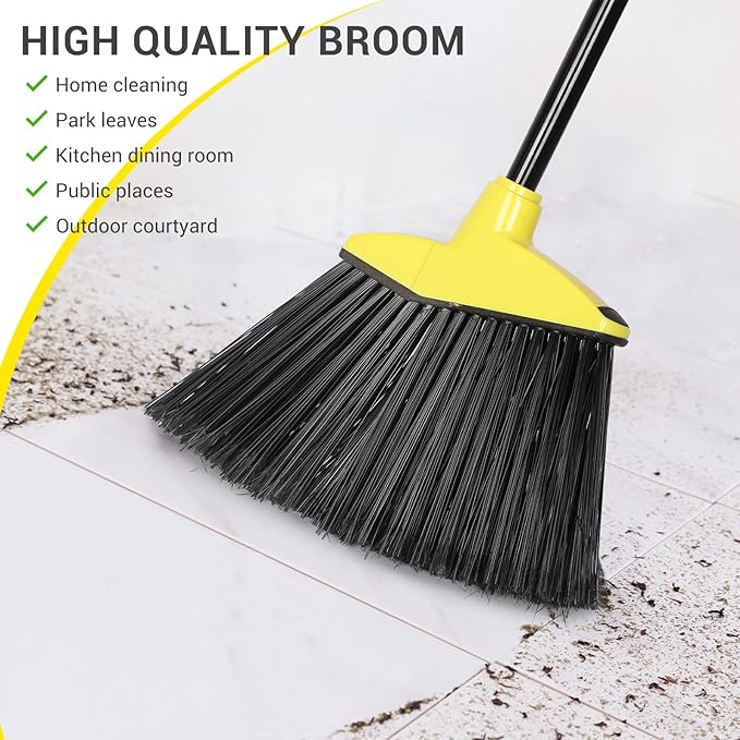 12 Pcs Heavy Duty 53 Inch Commercial Angle Brooms for Sweeping Indoor Outdoor - Black Broom with Long Handle for Garage, Courtyard, Patio, Lobby, Mall, Market, Shop, Sidewalk, Floor (Yellow)