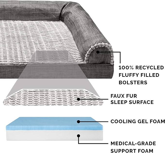 Furhaven Cooling Gel Dog Bed for Large Dogs w/ Removable Bolsters & Washable Cover, For Dogs Up to 95 lbs - Luxe Faux Fur & Performance Linen Sofa - Charcoal, Jumbo/XL