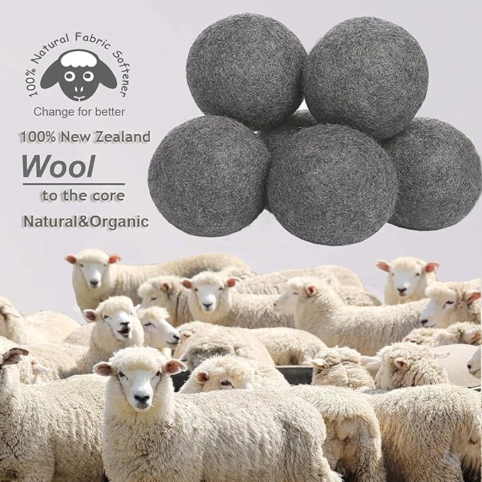 Budieggs Wool Dryer Balls Dark Grey XL 6-Pack, 100% New Zealand Organic Fabric Softener for 1000+ Loads, Baby Safe & Hypoallergenic, Reduce Wrinkles & Shorten Drying Time Naturally (6pcs Grey-XL)