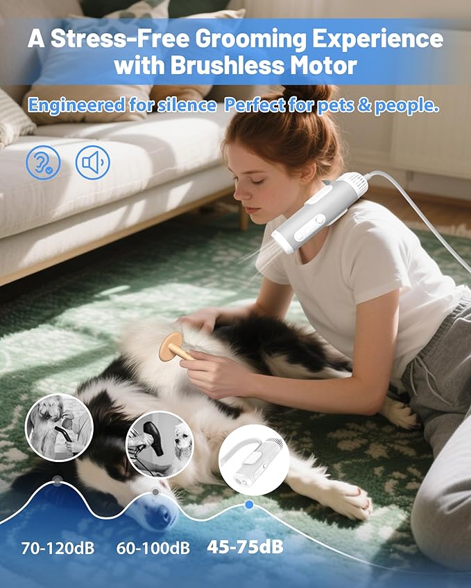 Hands-Free Dog Hair Dryer – Low Noise Pet Grooming Blower for Small & Medium Dogs Cats, Fast Drying, Adjustable Heat & Speed, Portable (Gray)