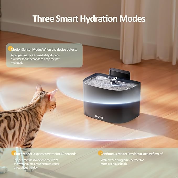 PET LAYSON Pumpless Cat Water Fountain, Smart Cordless Fountains Battery Operated, 3.6L/122oz with Maglev Valve Technology Rechargeable Water Dispenser for Cat &Dog, 2 Filters,2 Nozzles(Black, M1)