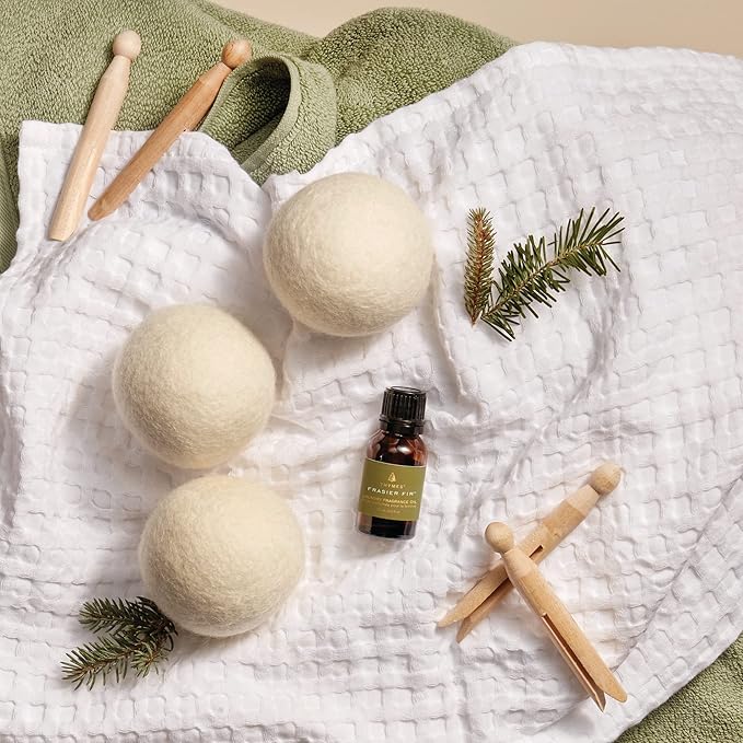 Thymes Wool Dryer Balls Set – Includes 3 Wool Laundry Balls + 1 Scented Laundry Fragrance Oil for Dryer – Eliminate Wrinkles, Static & Lint (Frasier Fir, 0.5 fl oz)