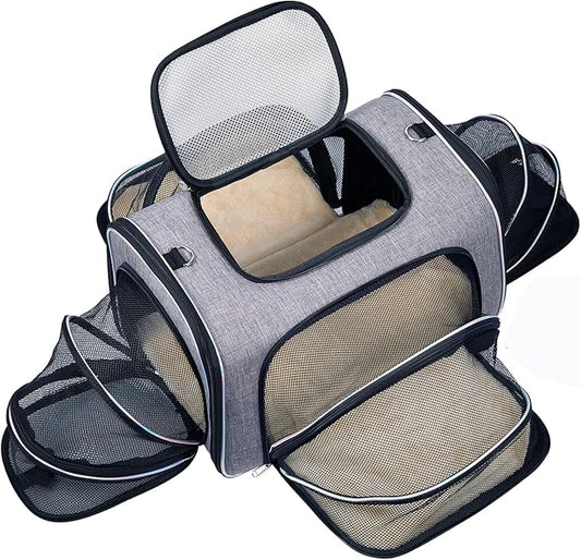 Airline Approved Cat Carrier Under Seat, 4-Way Expandable & Collapsible Soft-Sided Pet Carrier with Removable Fleece Pad - TSA Compliant for Cats, 18x11x11.5in Car & Plane Travel, Vet Visits