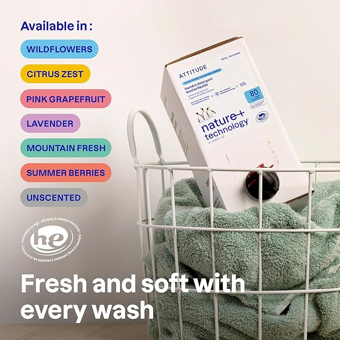 ATTITUDE Liquid Laundry Detergent Refill, EWG Verified, HE Compatible, Plant-Based & Vegan, Natural Laundry Soap, Unscented, 80 Loads, 67.6 Fl Oz