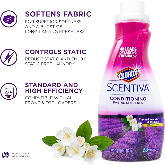 Clorox Scentiva Liquid Fabric Softener Fabric Conditioner Beautiful Tuscan Lavender & Jasmine Scent Fabric Softener with Great Smell 41 Fluid Ounce Bottle (Pack of 6)