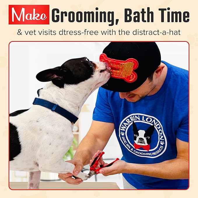Warren London Hat/Snack Combo - Distract-A-Hat™ Grooming Distraction Tool + 8 oz All-Natural Roasted Peanut Dog Peanut Butter, Xylitol-Free Enrichment & Anxiety-Relief