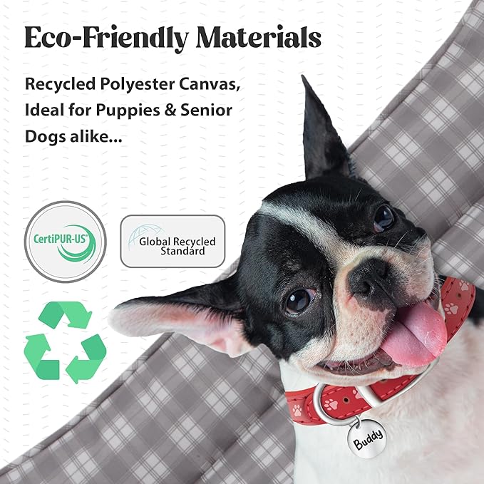 Orthopedic Bolster Dog Bed – CertiPUR-US Foam, Recycled Polyester Canvas, Washable Cover, Anti-Slip Bottom, Medium, Pink Check – Stylish Designer Dog Sofa