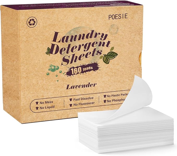 Poesie Laundry Detergent Sheets Lavender Scent 160 Count Soap Sheets Non-Plastic Hypoallergenic Portable Liquidless HE Washing Detergent Strips for Save Place Traveling No Waste