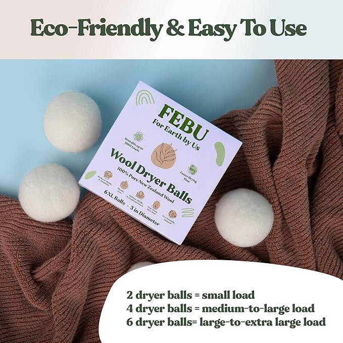 FEBU Wool Dryer Balls, 6-Pack, XL | 100% New Zealand Wool | Natural, Reusable Fabric Softener | Alternative to Dryer Sheets | Reduces Wrinkles, Shortens Drying Time, Zero Waste