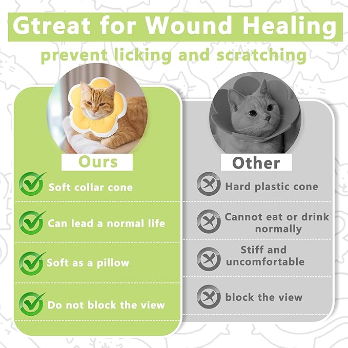 Cat Cone Collar Soft, Waterproof Cats Cones to Stop Licking After Surgery, Adjustable Soft Elizabeth Cats Collars for Wound Healing, Flower Shape Cat Recovery Collar (Green, Small)