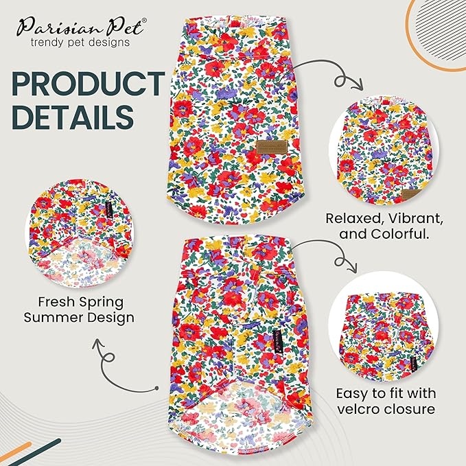 Parisian Pet Floral Pattern Dog Shirt - 100% Cotton Summer Clothes - Stylish Beach Outfit - Hook and Loop Closure - Machine Washable - Medium Size