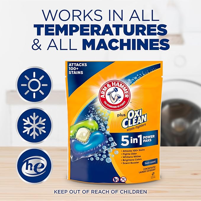 Arm & Hammer Plus OxiClean 5-in-1 Laundry Detergent Power Paks, 42 Count (Packaging may vary)