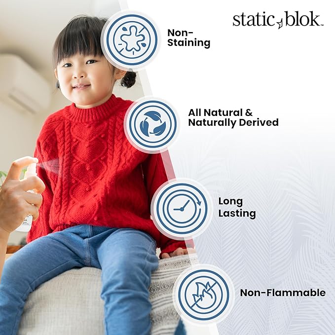 Static Blok Anti-Static Spray for Clothes - Instantly Eliminate Static Cling, Flyaways, and Shocks from Clothes, Fabrics, Linens, Blankets & Rugs- All-Natural Formula - Lasts All Day- 2oz Travel Size