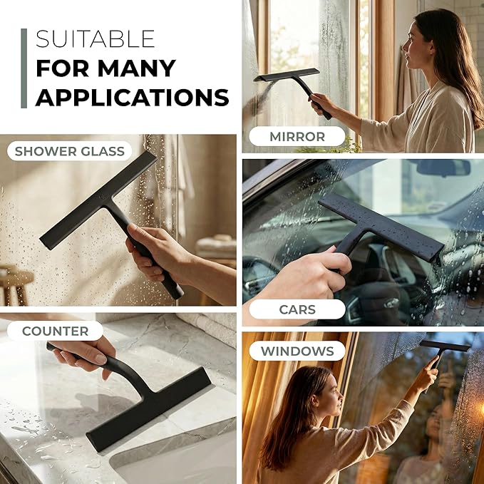 GÜTEWERK Silicone Shower Squeegee for Glass Doors & Mirrors with Stainless Steel Core, Streak-Free & No-Squeak Window Cleaning, 3-in-1 No-Drill Mount (Hook/Suction/Adhesive), Black, 9''