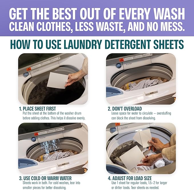 Sudstainables Laundry Detergent Sheets 60 Loads – Dissolvable Laundry Sheet for Washing Machines, Compact Alternative to Liquid & Powder Detergent, Travel-Friendly Soap | Lavender