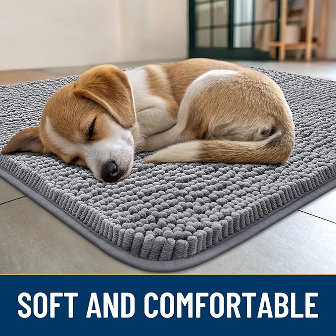 Smiry Dog Door Mat for Muddy Paws 70x35, Absorbs Moisture and Dirt Doormat, Non-Slip Washable Quick Dry Chenille Front Door Mat Indoor Entrance, Entryway Carpet for Inside Floor, Grey