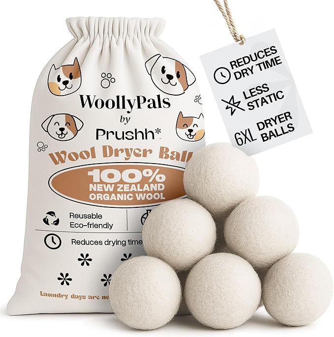 WoollyPals Dryer Balls (6-Pack, XL Size) - 100% New Zealand Wool - No More Dryer Sheets - Eco Dryer Balls - Reusable - Softens Laundry - Reduces Drying Time & Static - with Storage Bag (Plain White)